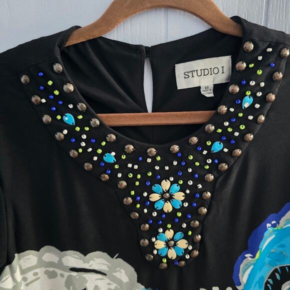 Studio I Multicolor Paisley Beaded Dress size 14 Bohemian Workwear Office Modest - Picture 4 of 8